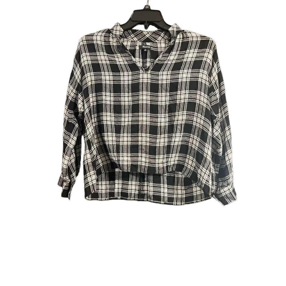 Madewell Small Highroad Popover Oversized Clarksburg Plaid Top Black White
